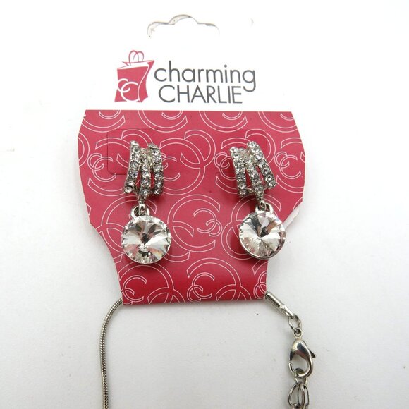 Charming Charlie Necklace Earring Set 18" Crystal Pendant Stud Silver Toned New - Picture 2 of 5